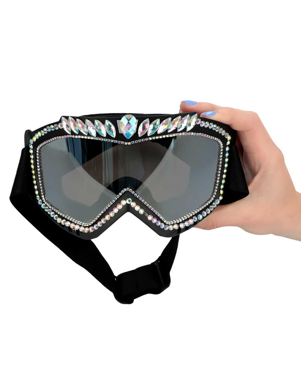 Détail des cristaux irisés des lunettes de ski avec strass pour adulte