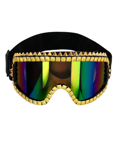 Lunettes de ski rave pour adulte dorée avec verres irisés et clous