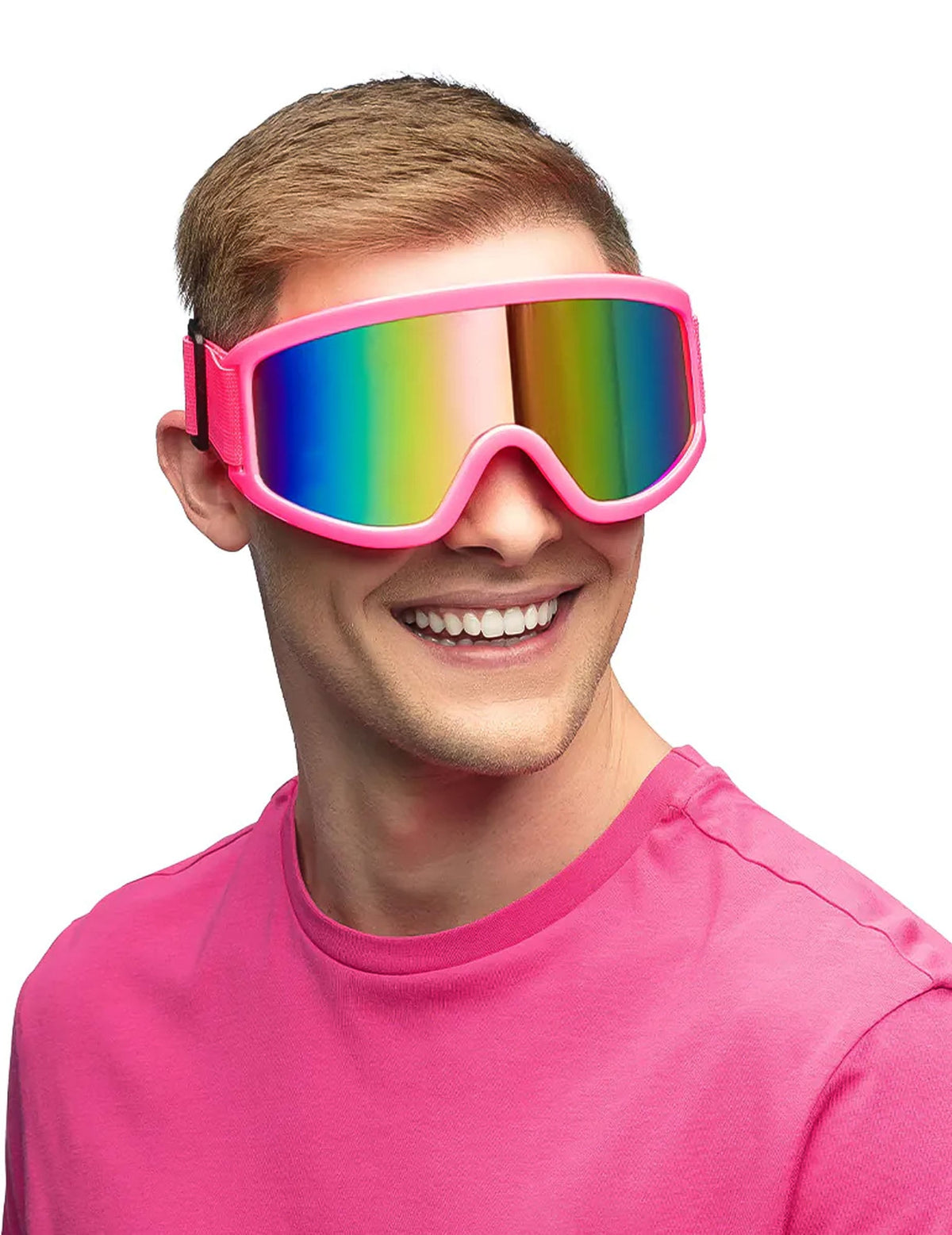 Vue de face des lunettes de ski rose fluo pour adultes