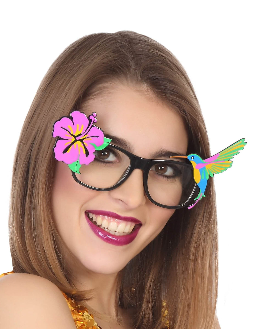 óculos de verão havaianos para adulto pretos com flor de hibisco cor de rosa e colibri multicores