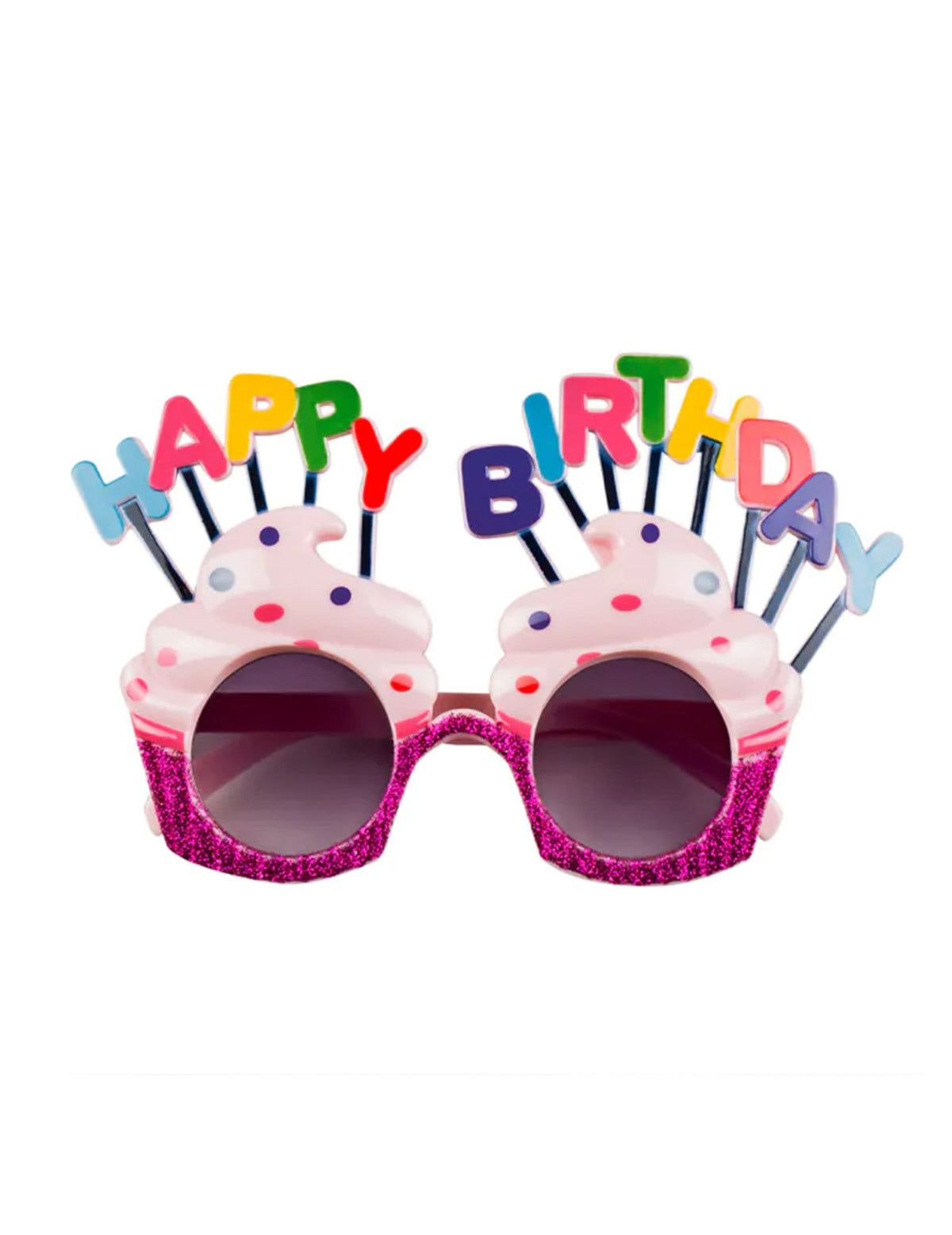 Vue de face des lunettes Happy Birthday cupcake pour adulte