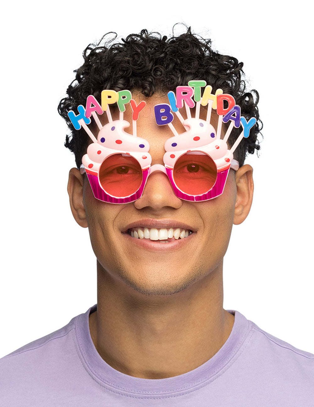Vue de face portée des lunettes Happy Birthday cupcake pour adulte
