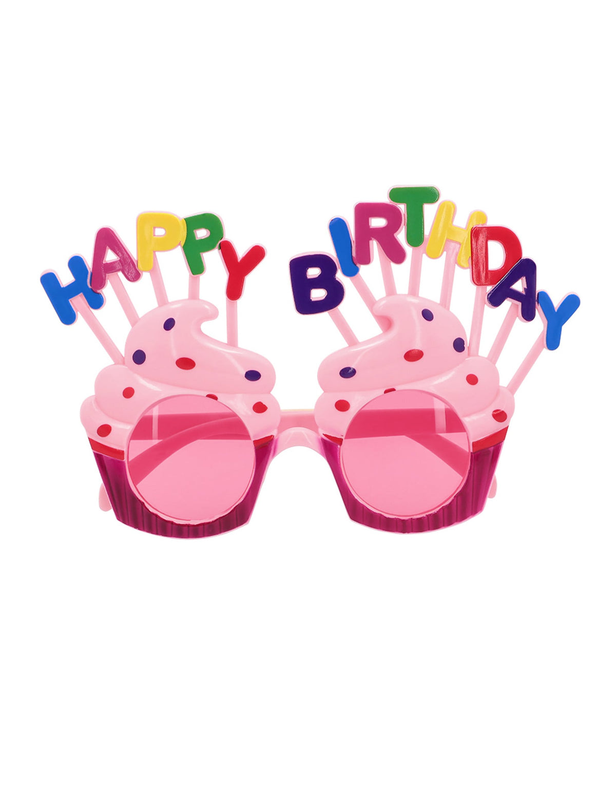 Vue de face des lunettes Happy Birthday cupcake pour adulte