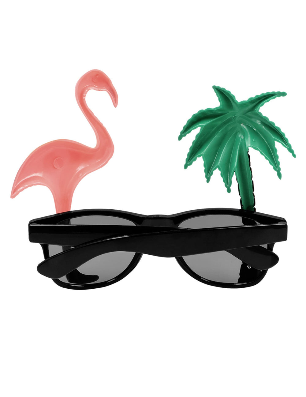Vue de dos des lunettes hawaïennes pour adulte avec palmier et flamant rose