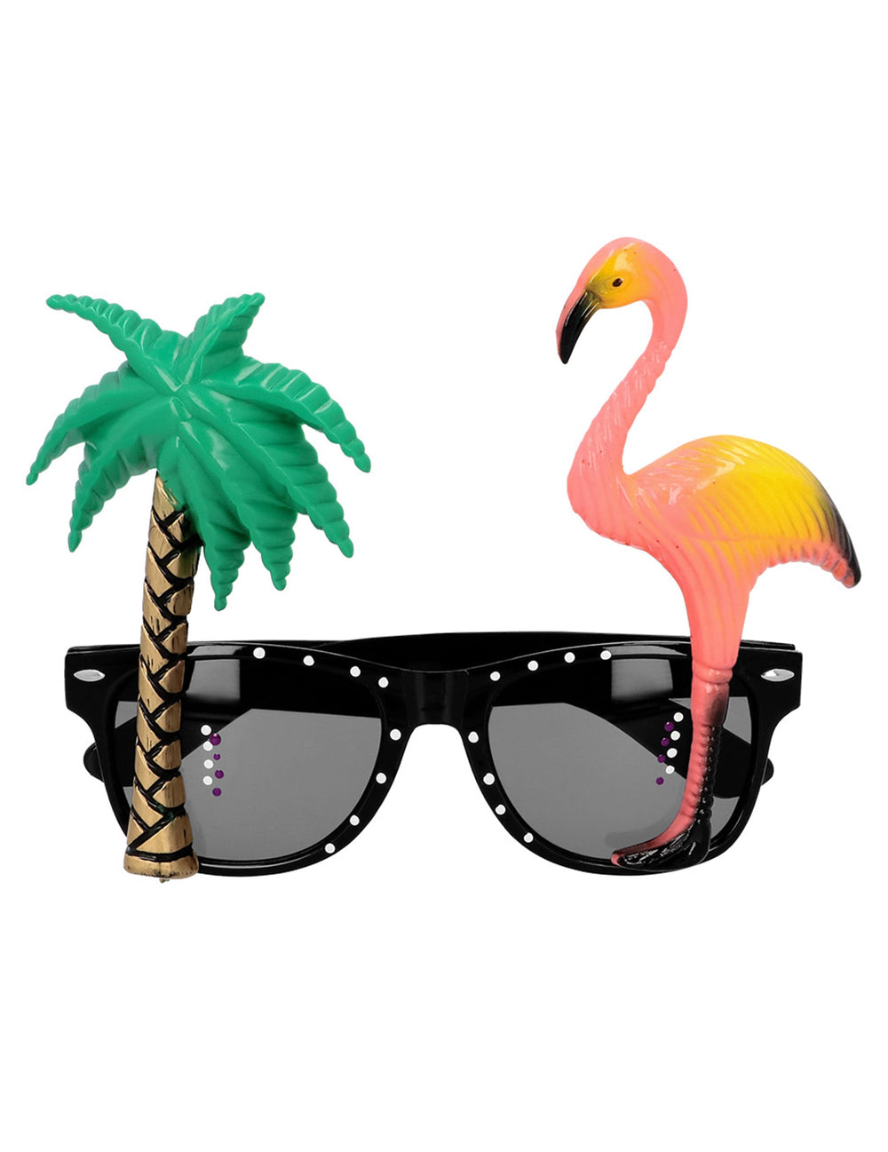 Vue de face des lunettes hawaïennes pour adulte avec palmier et flamant rose
