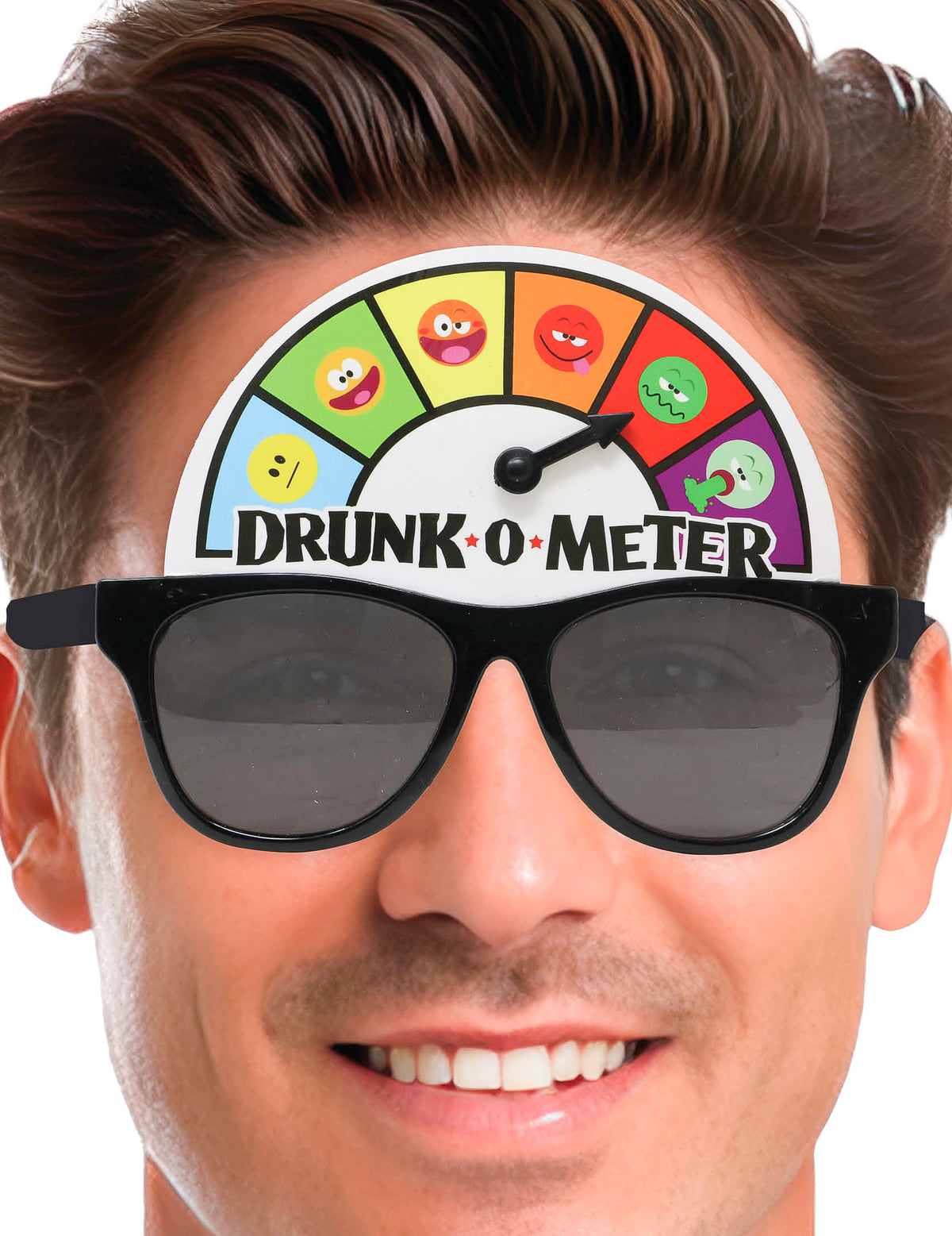 Gros plan sur la jauge des lunettes humoristiques Drunk-O-meter