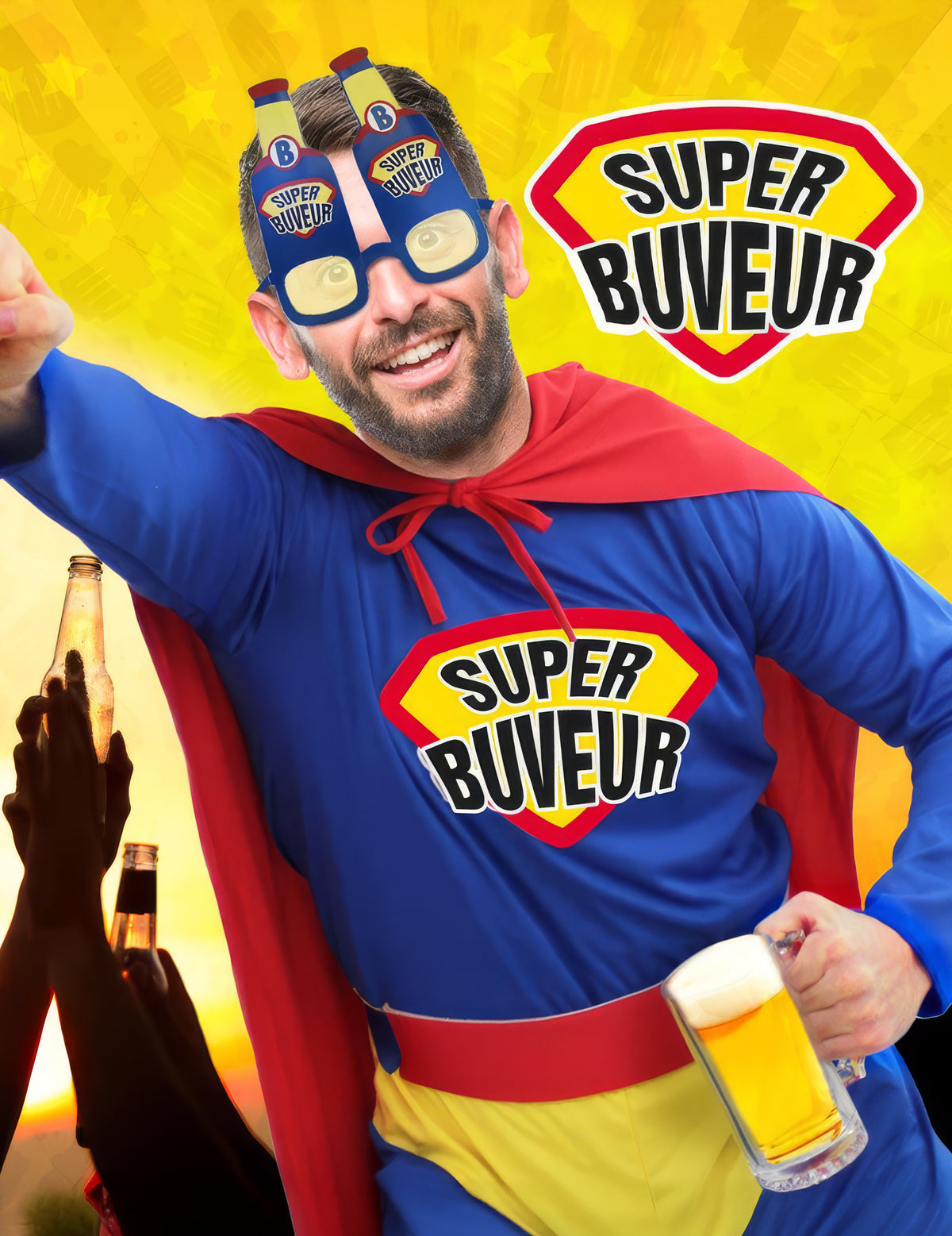 Vue de face des lunettes humoristiques Super Buveur portées avec costume