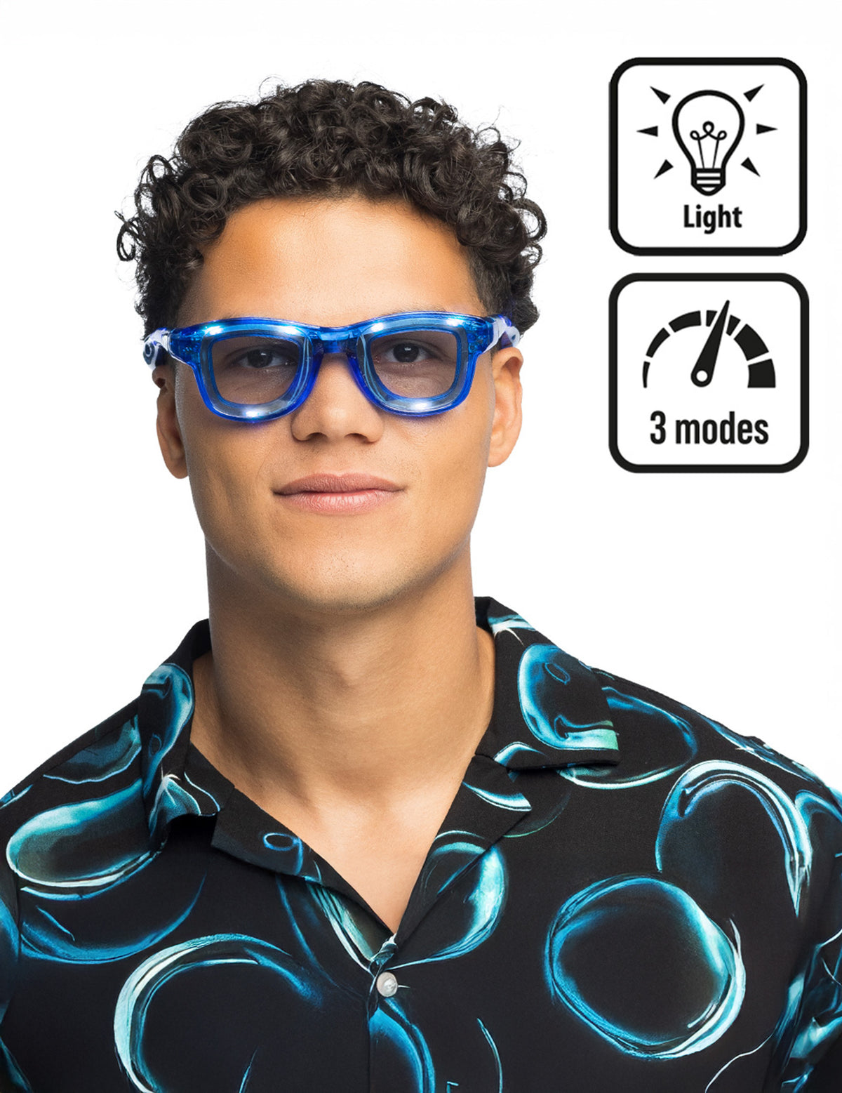 Détail des 3 modes d'éclairage des lunettes lumineuses à LED pour adulte