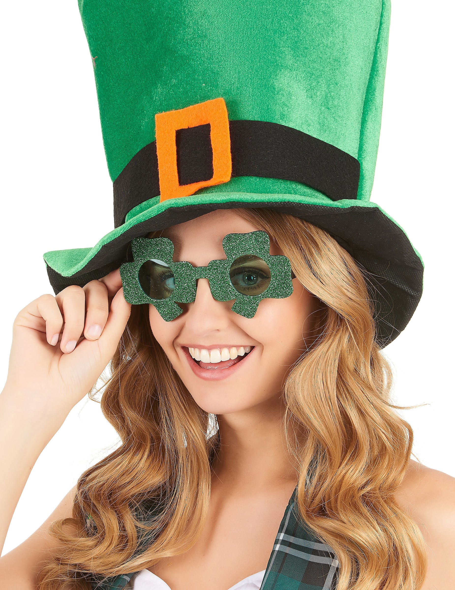 Vue de face des lunettes pailletées trèfle Saint-Patrick