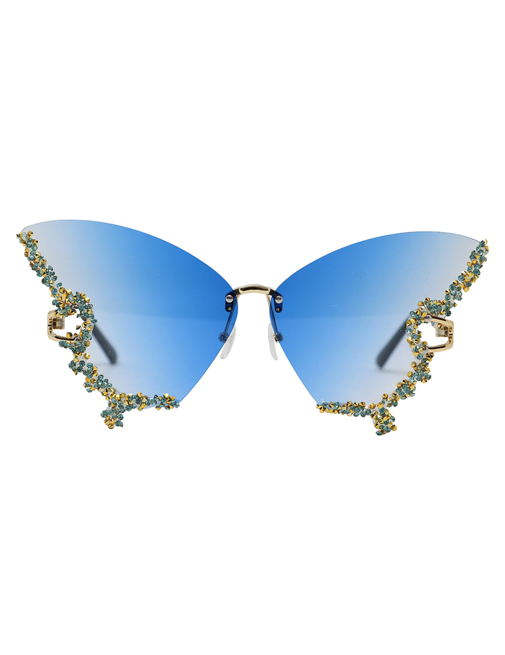 Détail des verres bleus dégradés des lunettes papillon avec strass