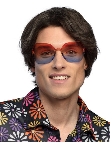 Lunettes party Woodstock pour adulte dégradées rouge et bleu sans monture