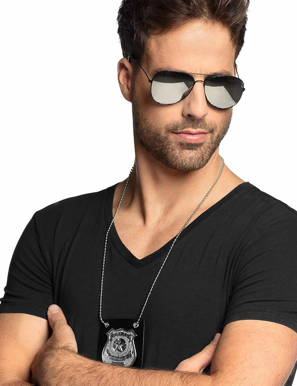 óculos de polícia para adulto estilo aviador com lentes espelhadas prateadas