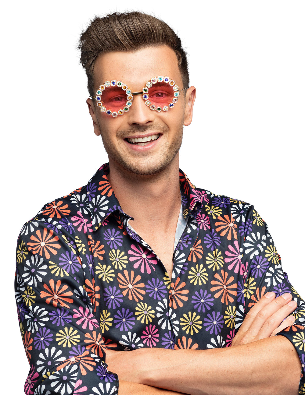 Lunettes rondes à strass colorés pour adulte dorées avec verres roses