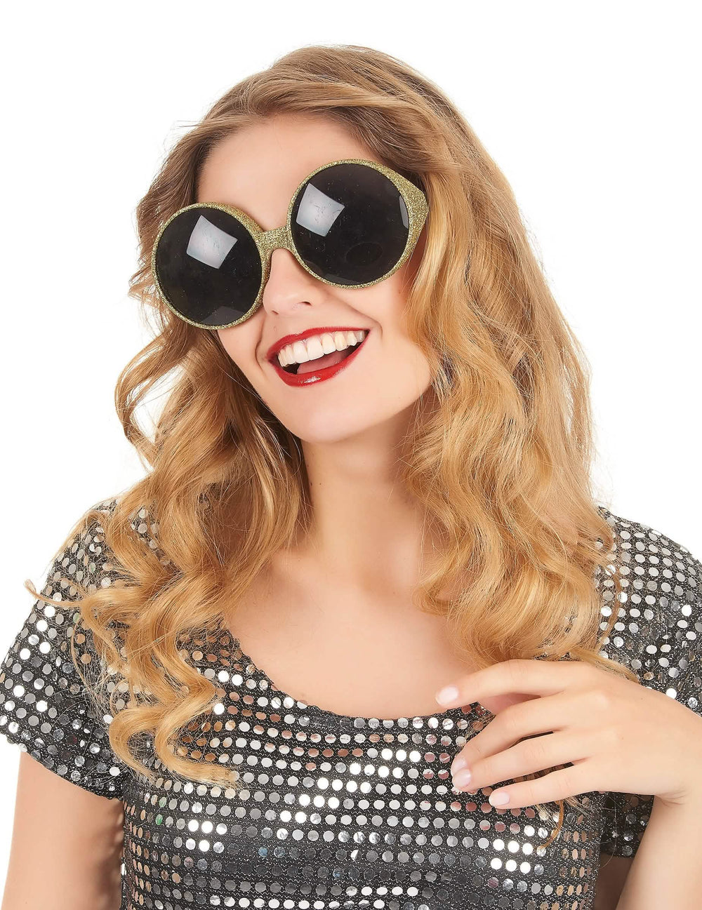 Vue de face portée des lunettes rondes paillettées pour adulte or