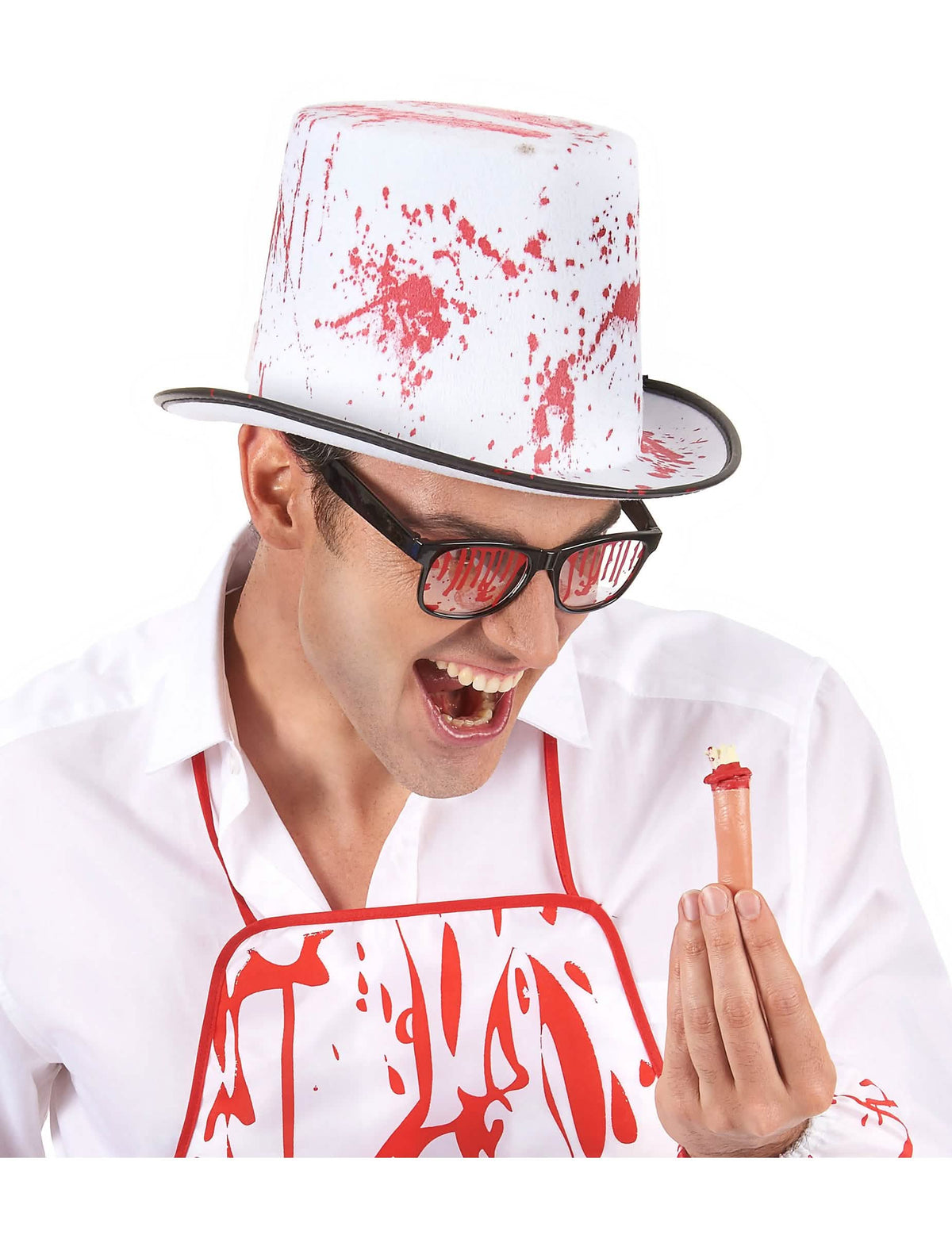 Vista frontal dos óculos manchados de sangue para adulto