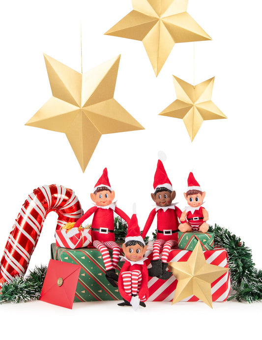 Mise en scène festive avec cadeaux et étoiles du Lutin farceur Pimpon