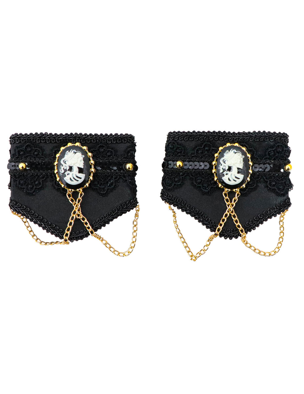 Manchettes gothiques pour femme noires avec camée et chaînettes dorées