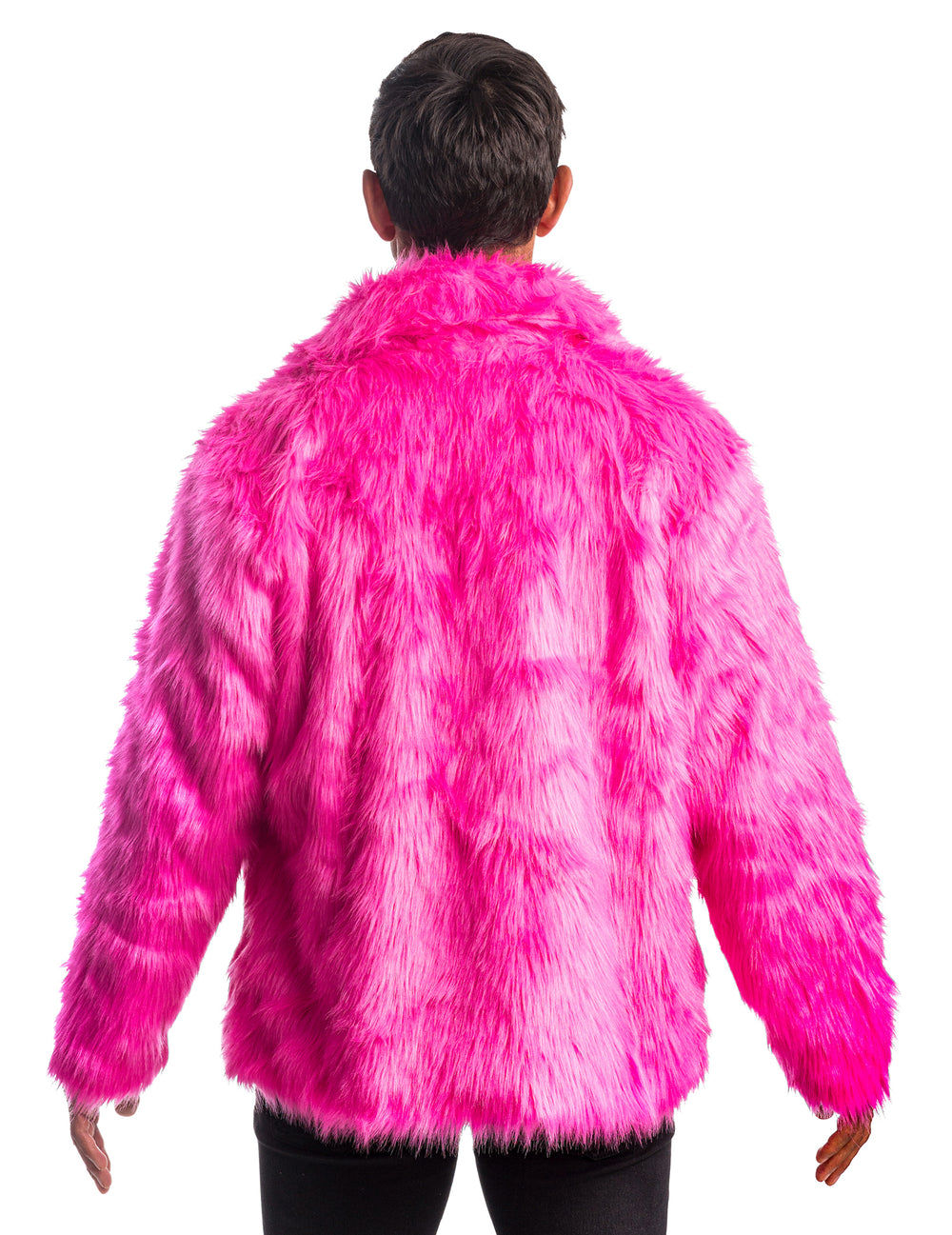 Vue de dos du manteau en fausse fourrure rose pour adulte