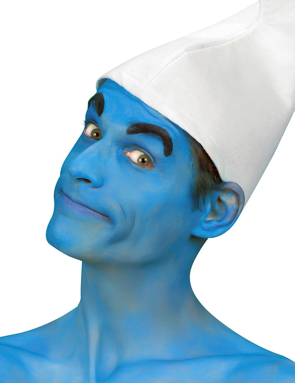 Mise en situation façon Schtroumpf du maquillage à l'eau pour visage et corps bleu