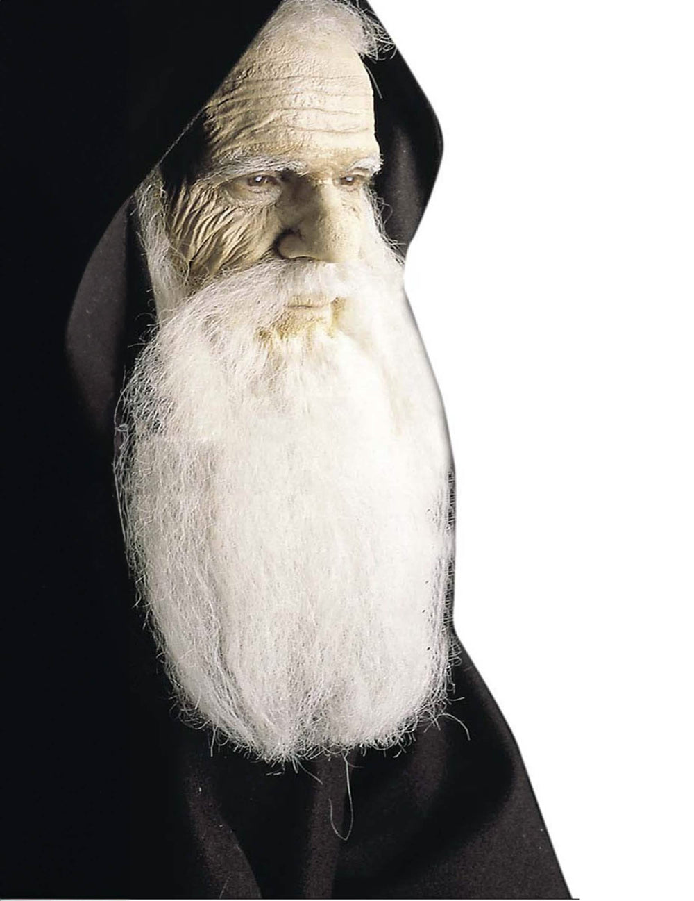 Maquilhagem pele horrível halloween para adulto com barba branca e capuz preto