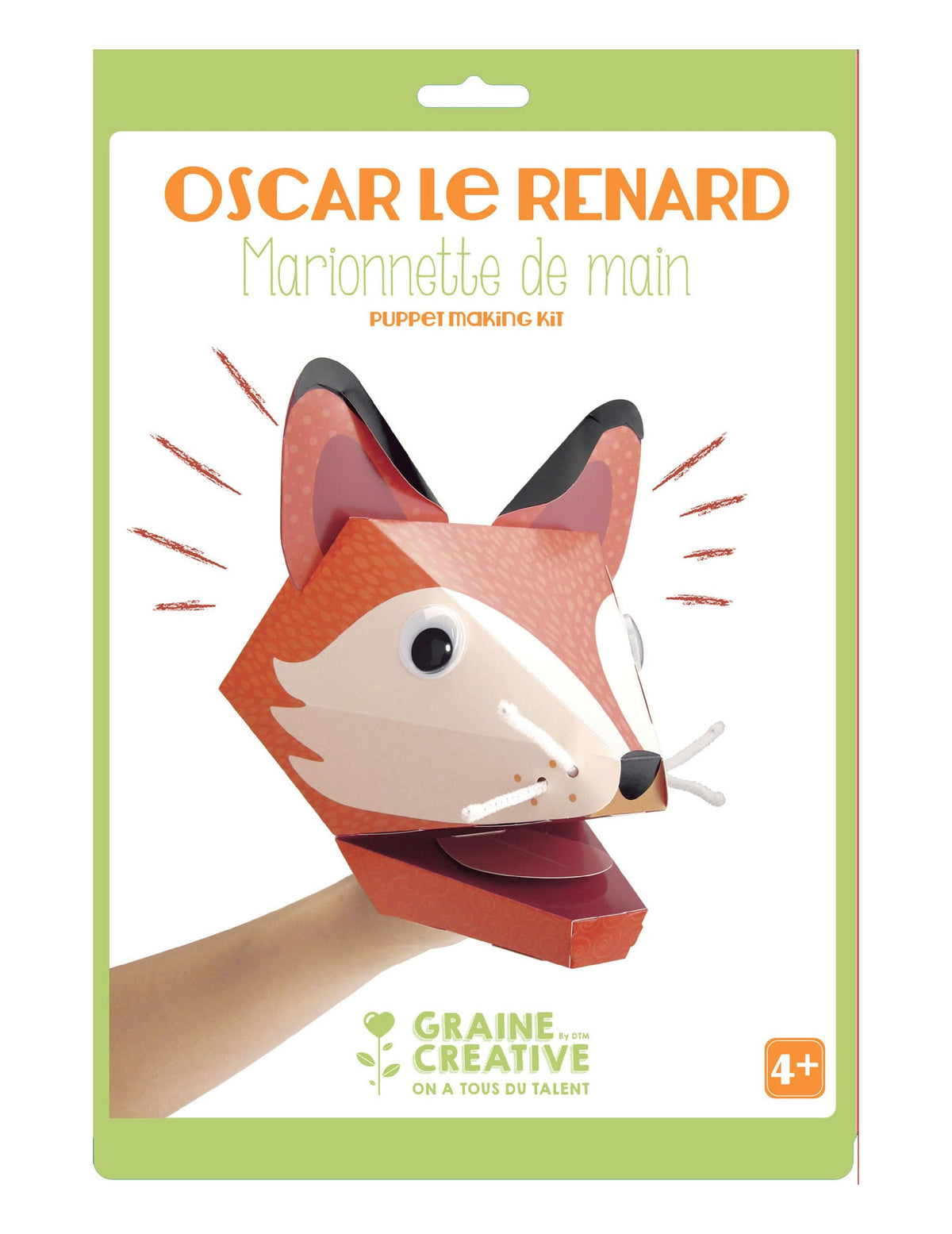 Marionnette de main en carton Oscar le renard pour enfant orange
