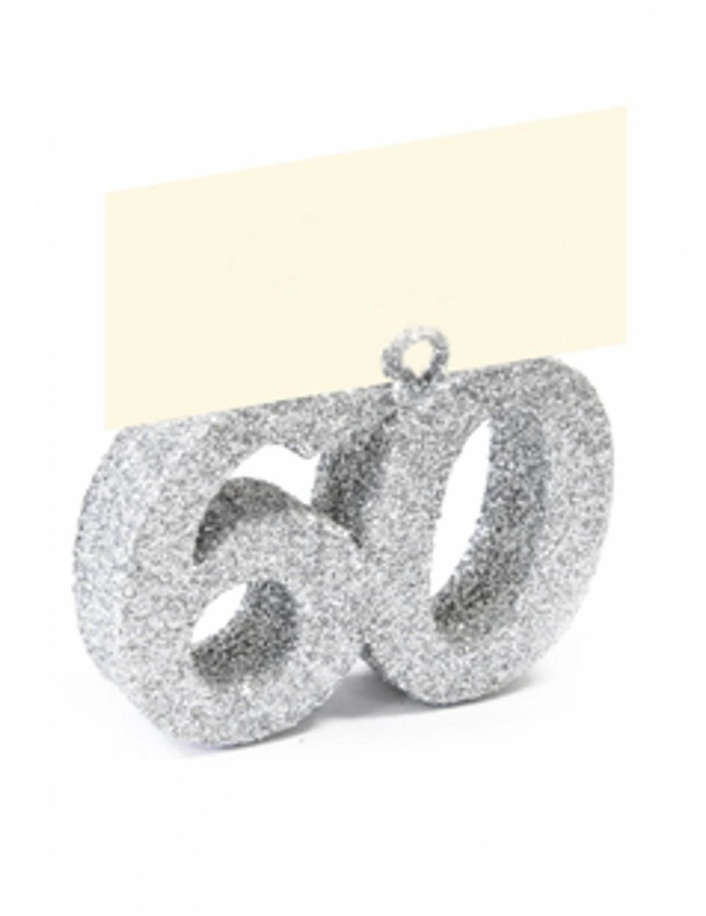 Marcador de lugar número 60 com glitter prateado com porta-nome