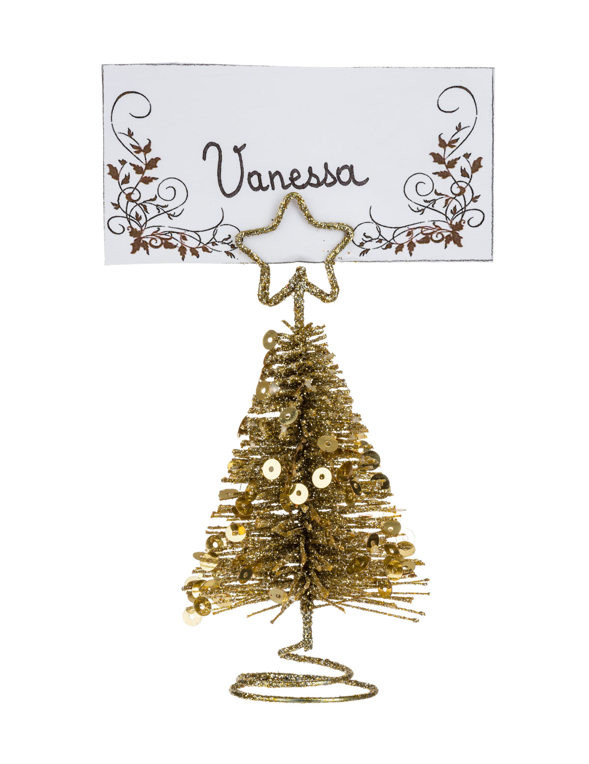 Marque-place sapin pour décoration de table doré en métal pailleté