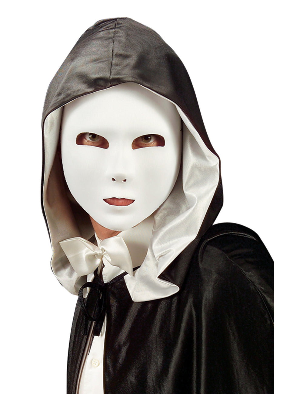 Masque blanc pour adulte avec capuche noire et noeud papillon blanc