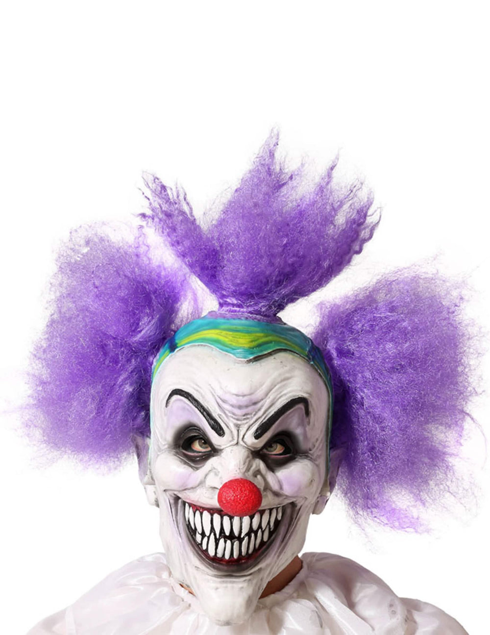 Máscara de palhaço louco para adulto branco e roxo com nariz vermelho