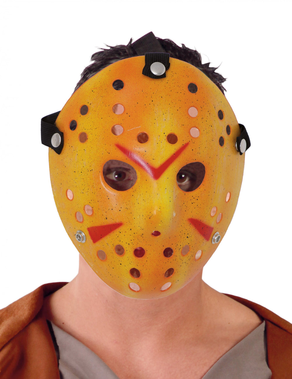 Masque de hockey tueur en série pour adulte jaune et orange avec marques rouges