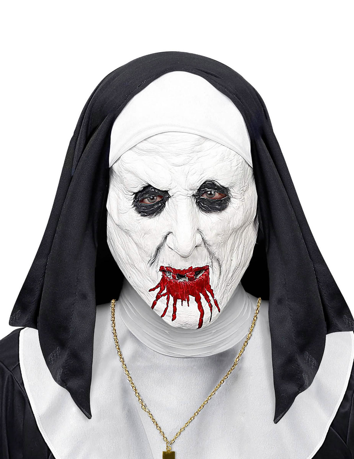 Máscara de meia-face de freira horrível com toucado para adulto branco e preto com boca ensanguentada
