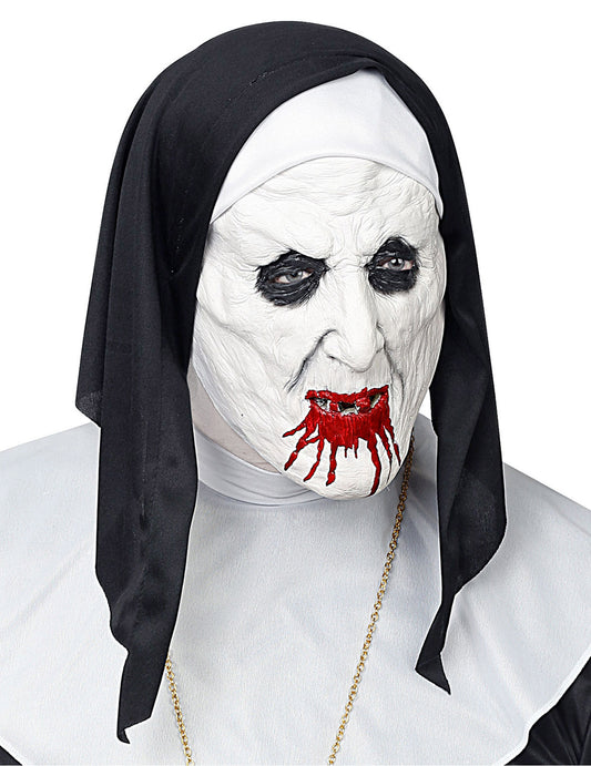 Vue de trois-quarts du masque demi-tête nonne horrible avec coiffe
