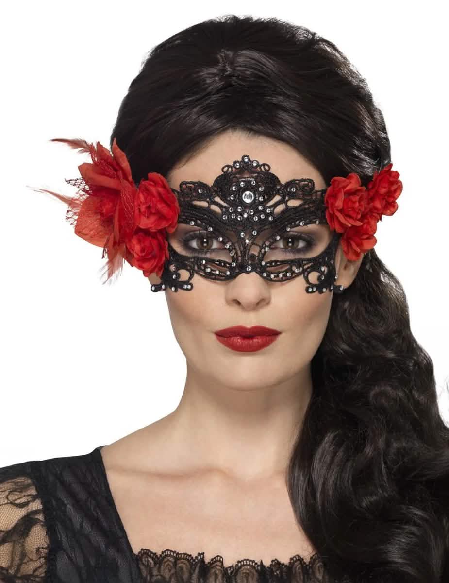 Máscara de renda Dia de los Muertos para adulto preto com flores vermelhas e strass