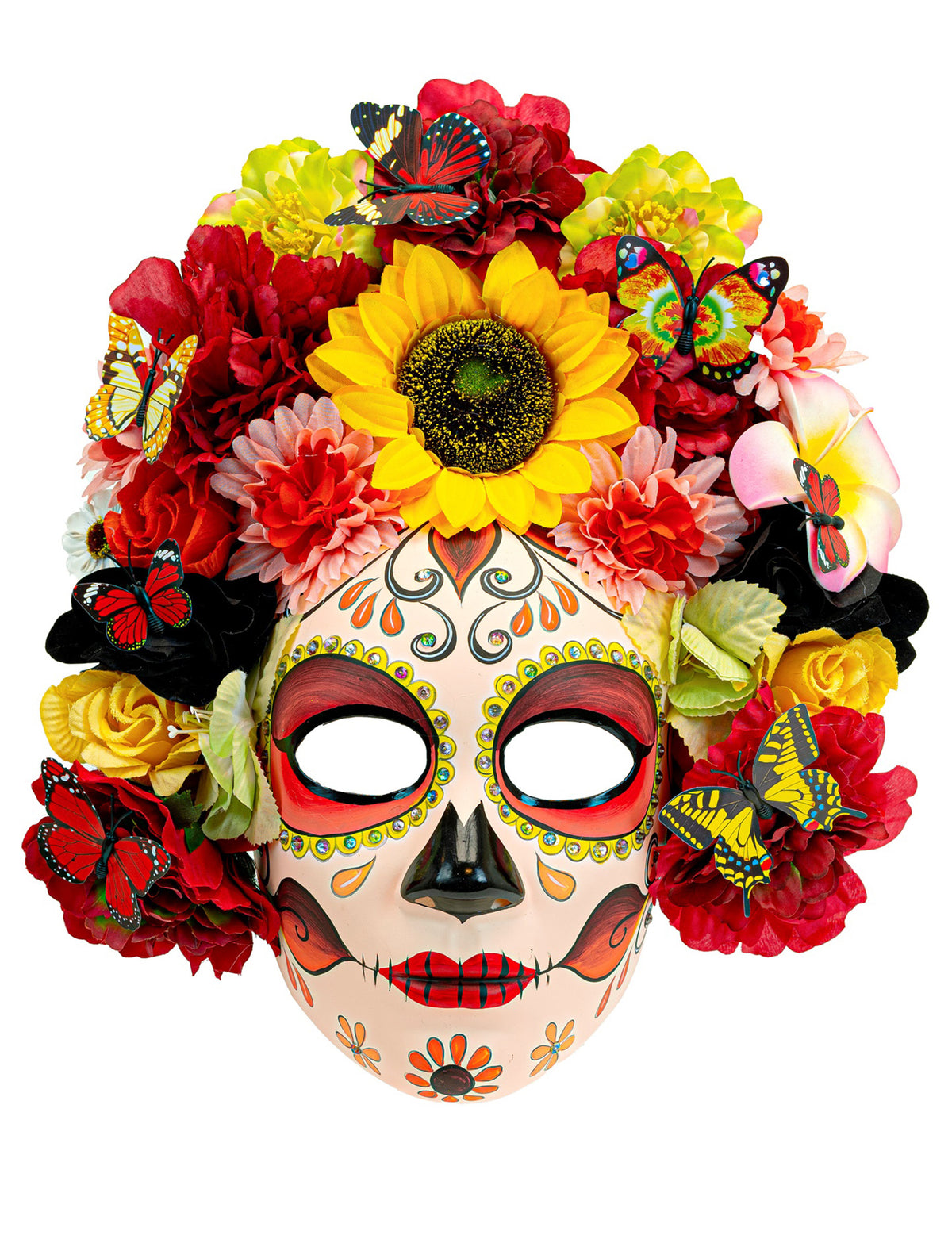 Vue de face du masque Dia de los Muertos avec fleurs et papillons
