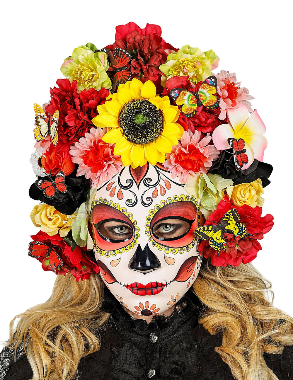 Masque Dia de los Muertos avec fleurs et papillons pour adulte multicolore avec tournesol jaune