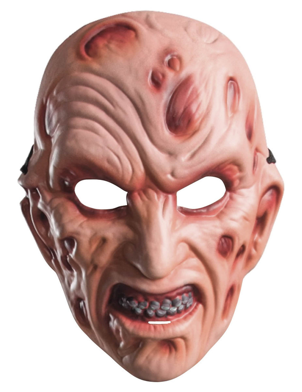 Grande plano dos detalhes do rosto da máscara de plástico Freddy para adulto