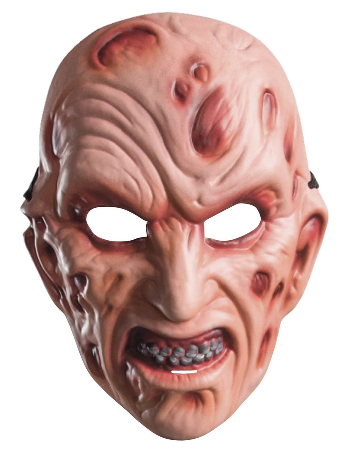 Grande plano dos detalhes do rosto da máscara de plástico Freddy para adulto