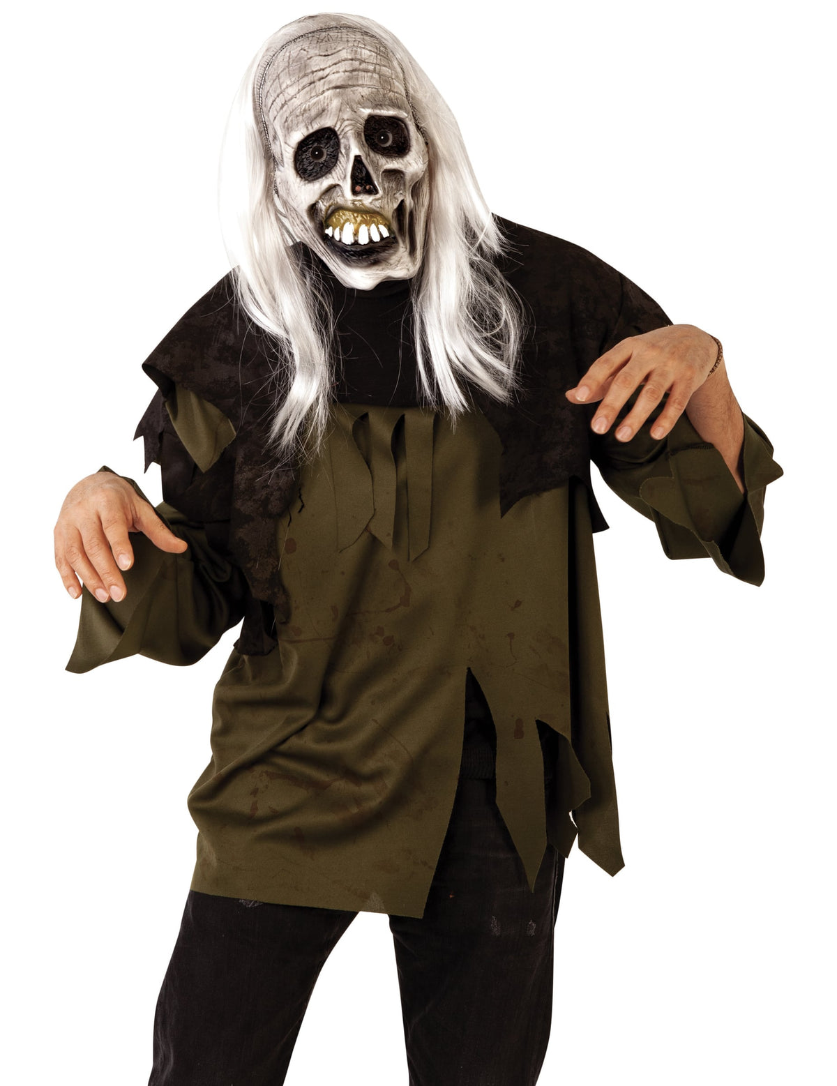 Masque et perruque zombie pour adulte blanc aux longs cheveux synthétiques