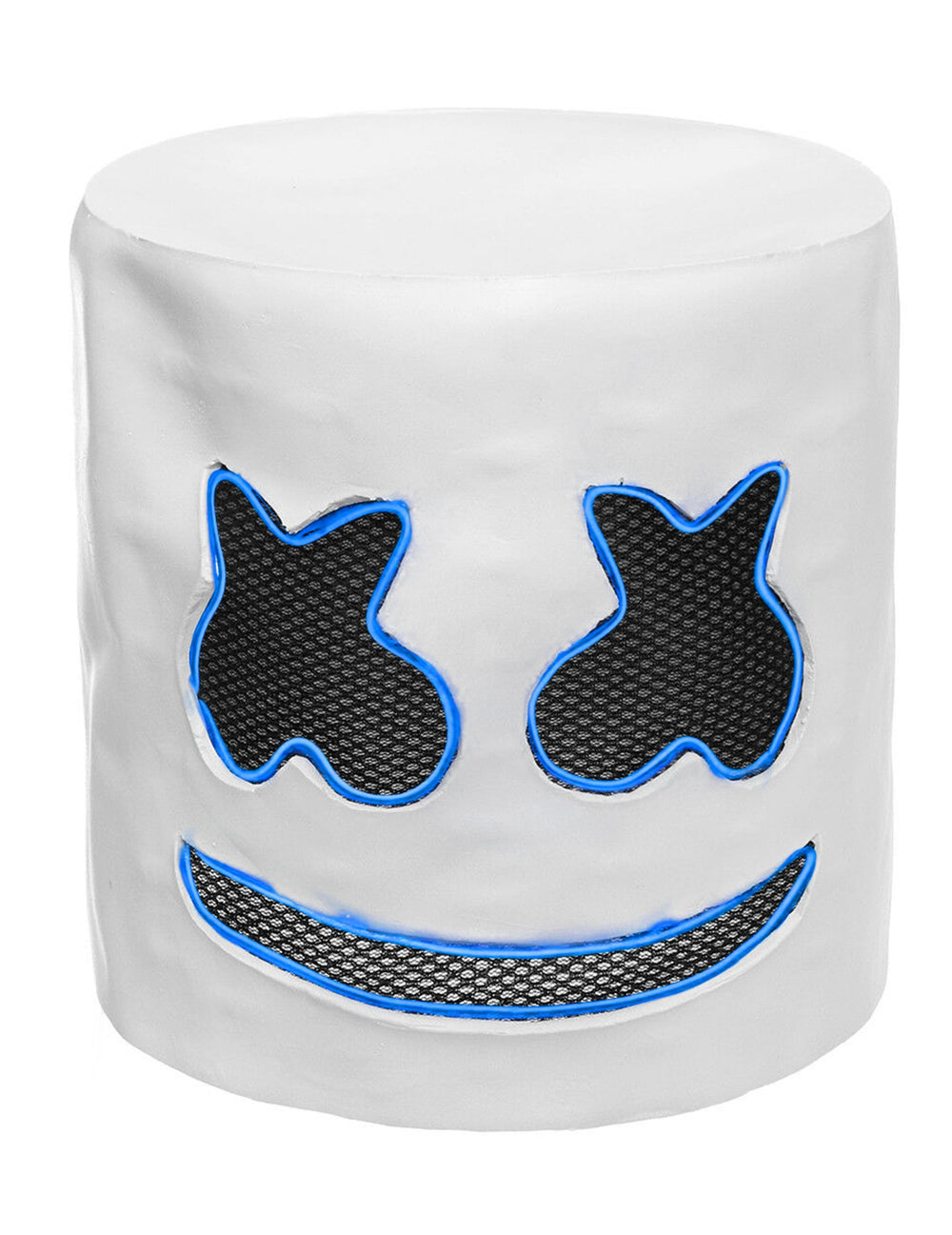 Détail des contours à LED bleues du masque DJ guimauve
