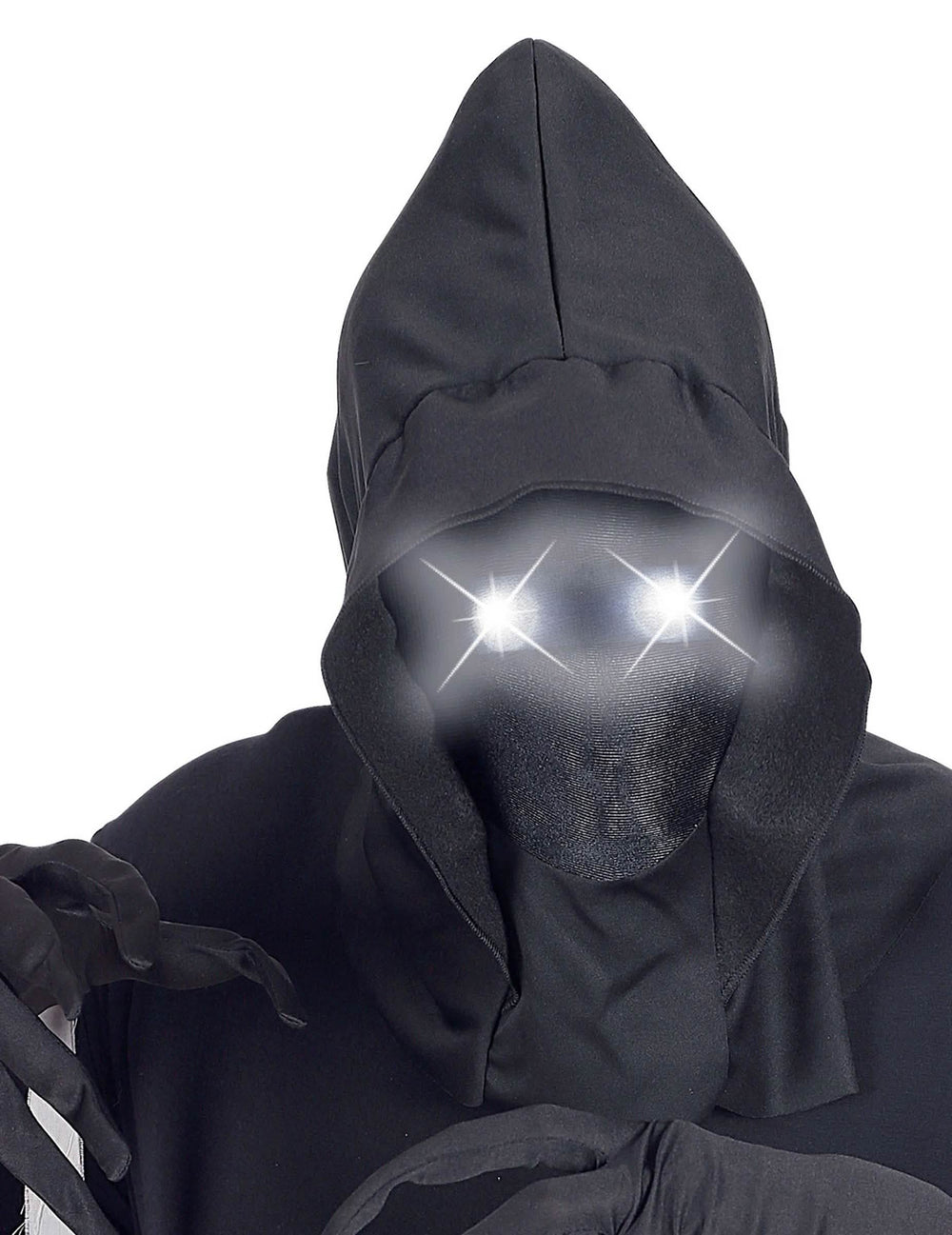 Detalhe dos olhos luminosos da máscara integral com capuz, rosto invisível e olhos luminosos