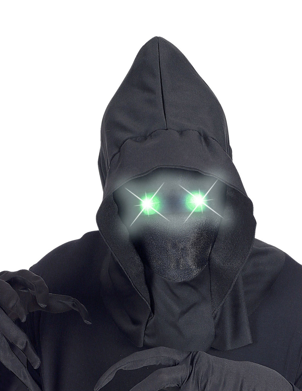 Gros plan sur les yeux lumineux verts du masque intégral à capuche visage invisible pour adulte