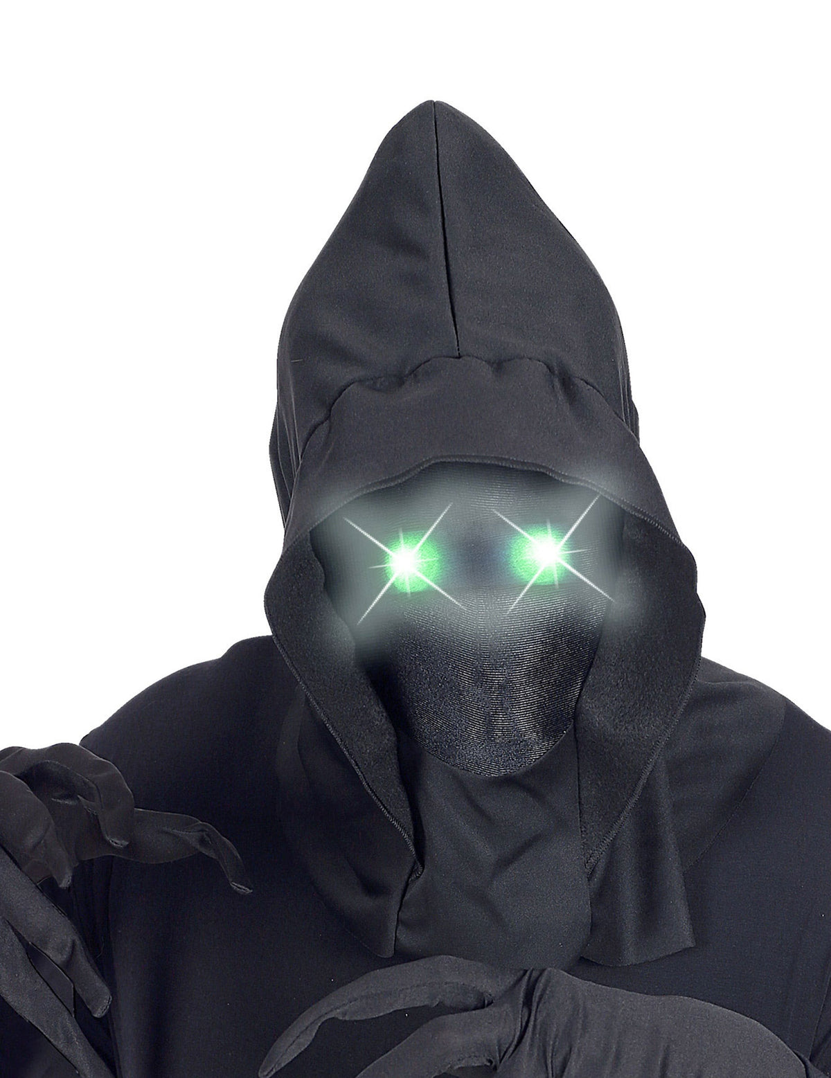 Gros plan sur les yeux lumineux verts du masque intégral à capuche visage invisible pour adulte