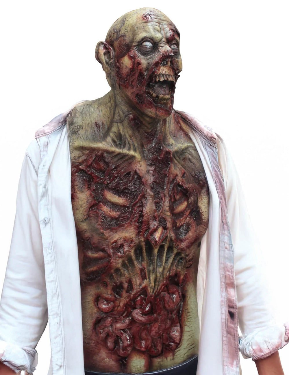 Vista de perfil da máscara integral e busto zombie