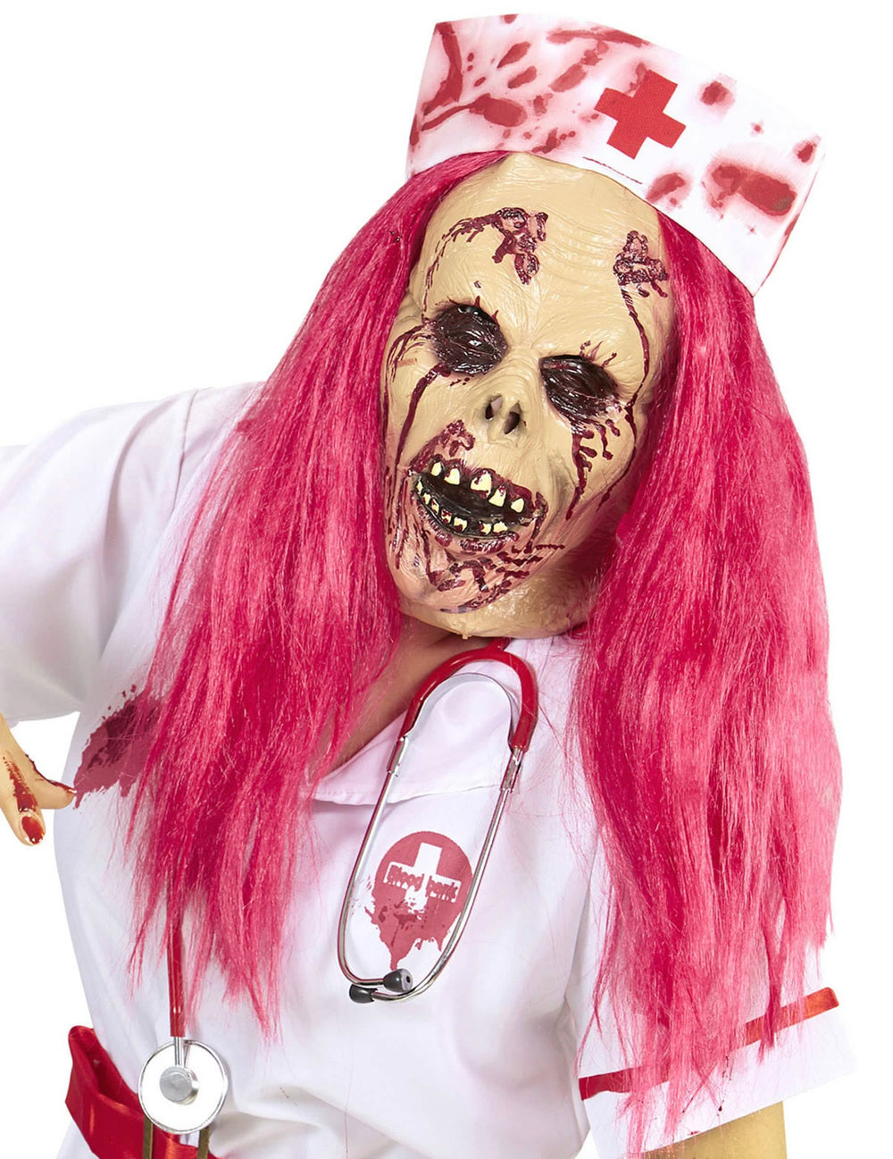 Máscara integral de enfermeira zombie para adulto com cabelo cor-de-rosa e touca ensanguentada