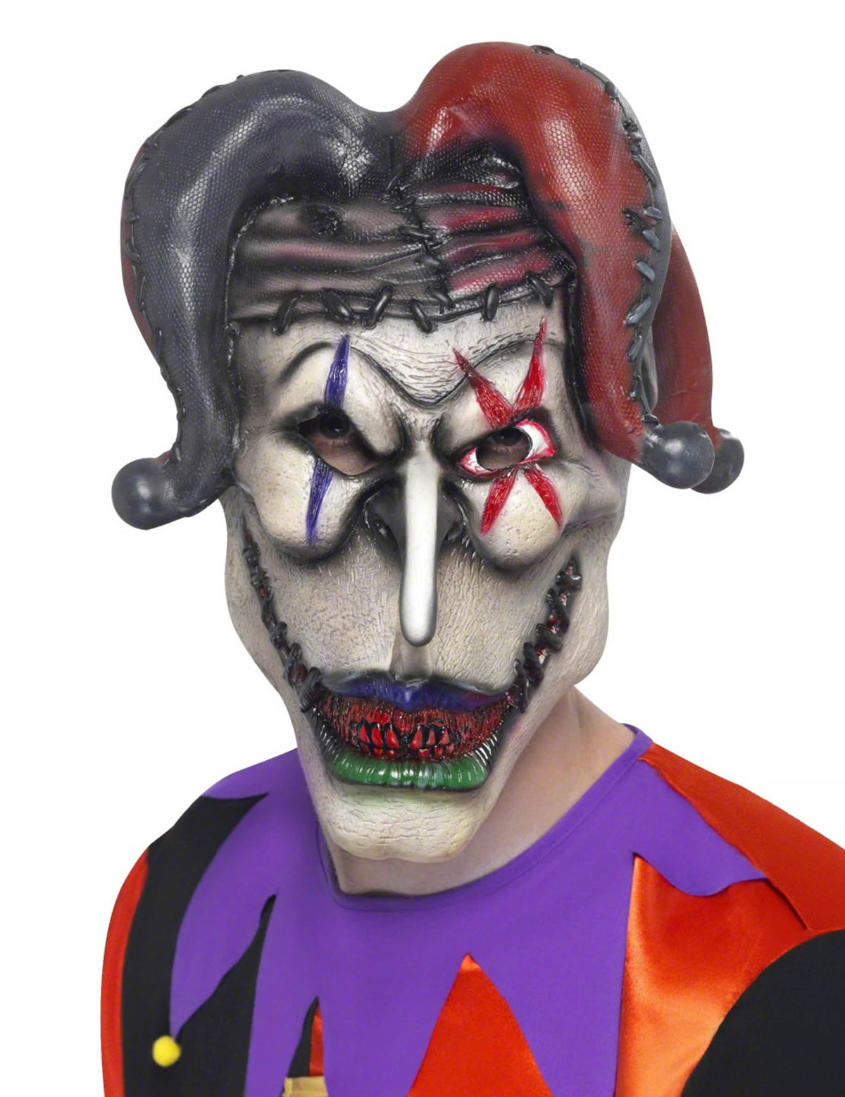Máscara joker halloween para adulto vermelho e preto com gorro de bobo da corte