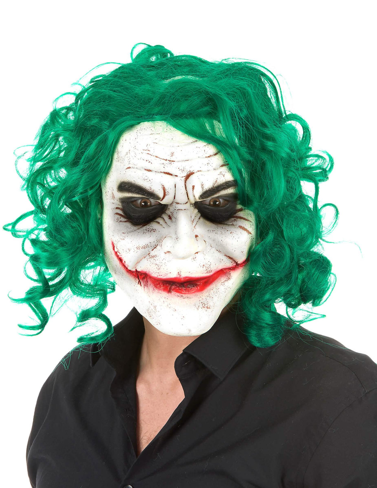 Masque latex arlequin psychopathe pour adulte blanc et vert avec cheveux bouclés
