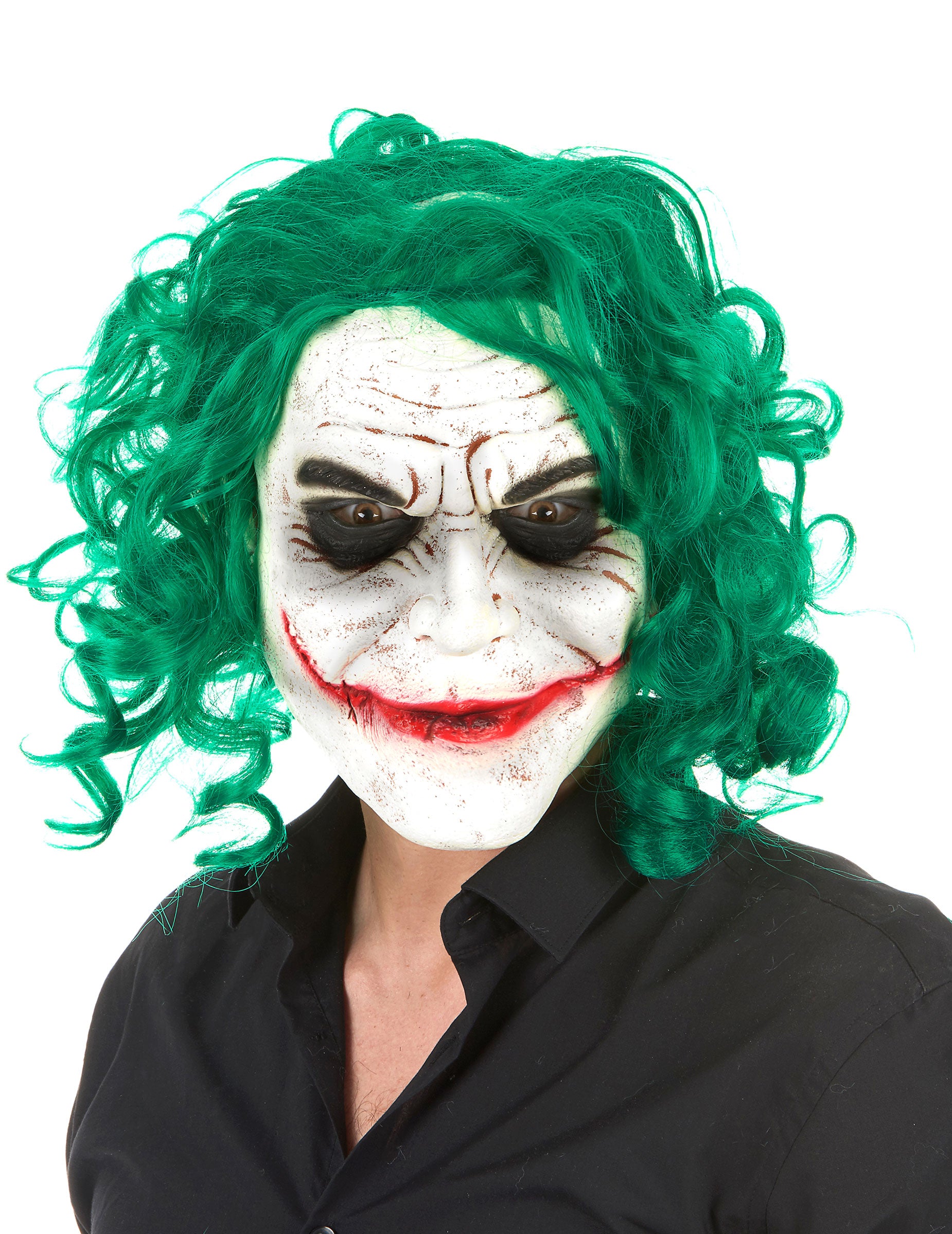 Masque latex arlequin psychopathe pour adulte blanc et vert avec cheveux bouclés