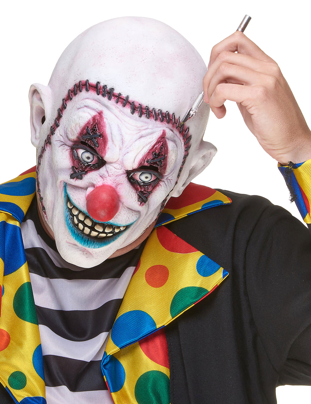 Masque latex clown crâne recousu pour adulte blanc avec nez rouge et coutures noires