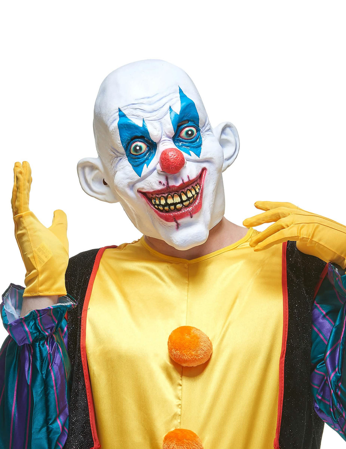 Máscara de látex de palhaço diabólico para adulto branco e azul com dentes amarelados