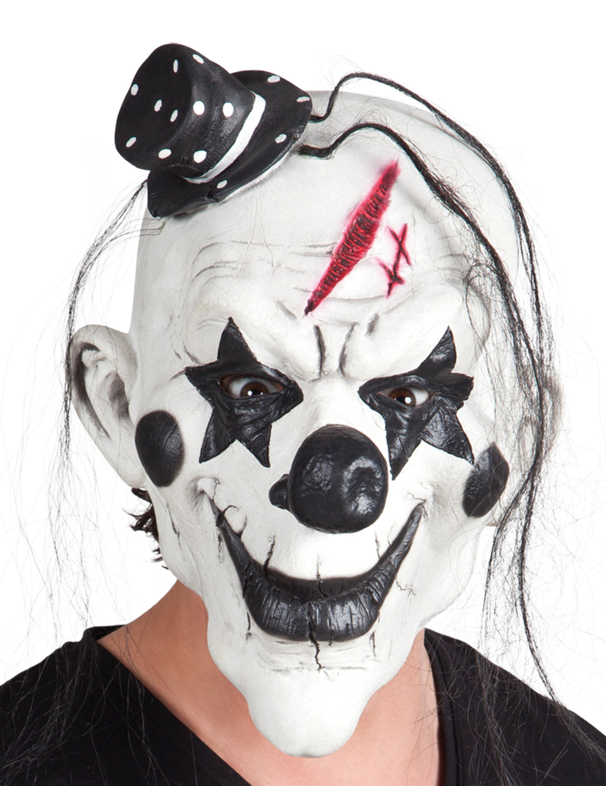 Masque latex de clown psycho pour adulte noir et blanc avec cheveux et mini chapeau